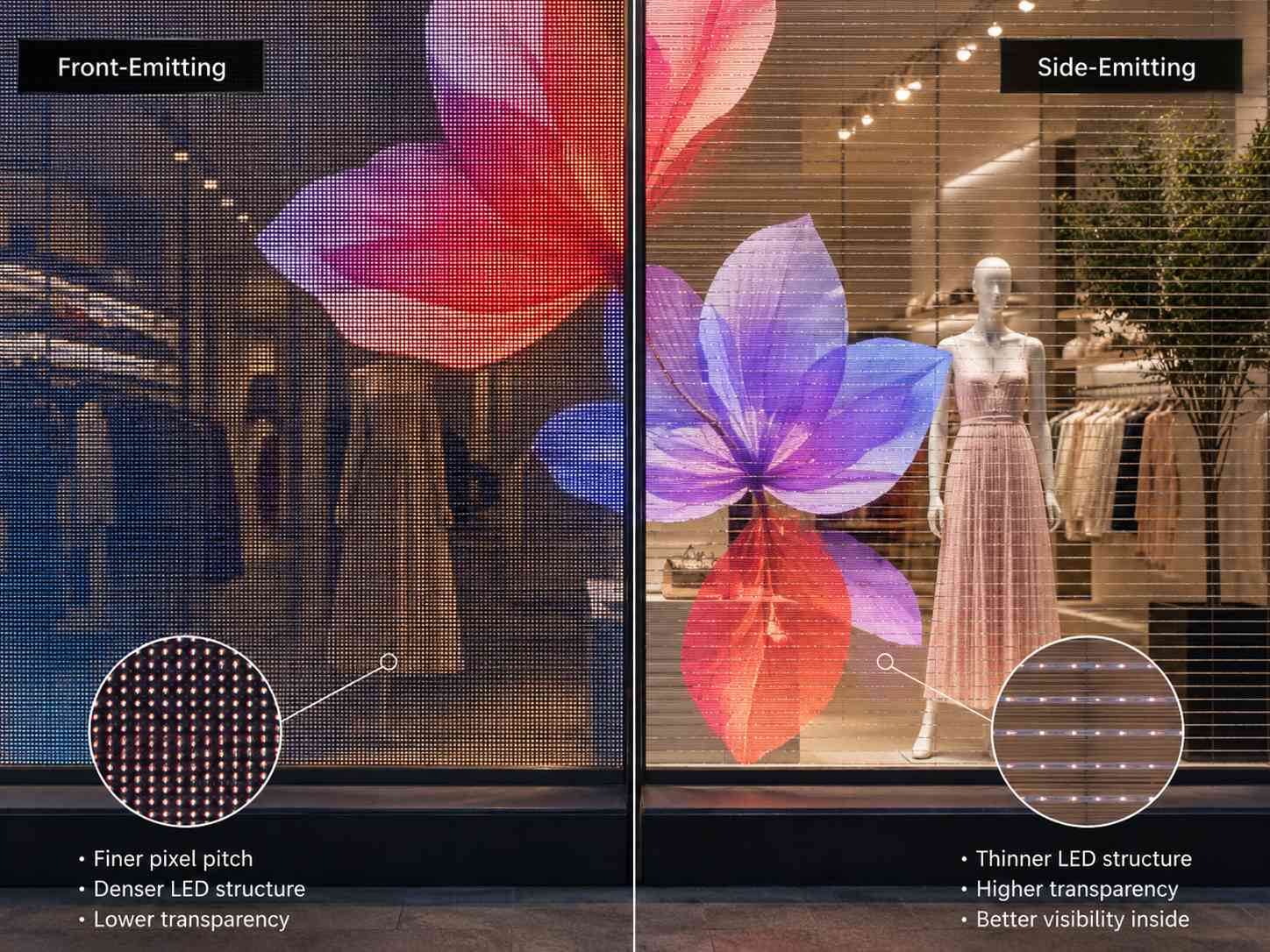 Front-Emitting vs Side-Emitting Transparent LED Screens