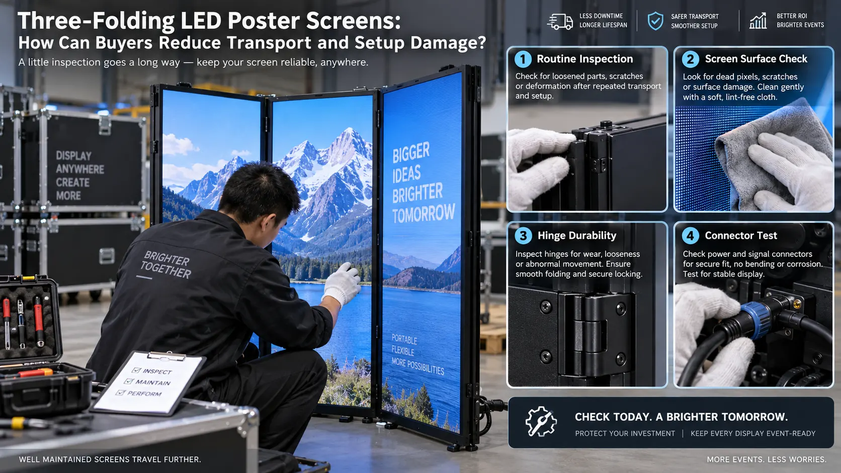 03_Three_Folding_LED_Poster_04_hinge_surface_and_connector_check